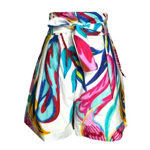 Pantalón Corto PatBo Flora Cintura Alta EE. UU. 10 Blanco Azul Rosa Acuarela Floral Boho Algodón - Imagen 1 de 7