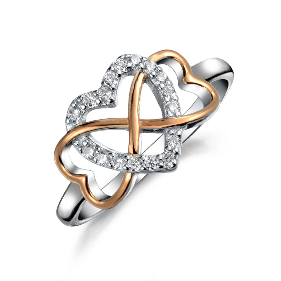 Two Tone Cocktail Statement Ring Cubic Zirconia Heart Rose Gold Sterling Silver - Image 1 of 1