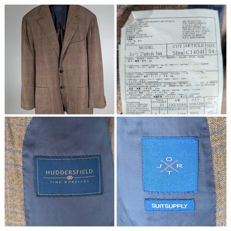Suitsupply Jort 运动外套西装外套 54 美国 44 棕色蓝色格子 100% 竹帆布 — 第 1/4 张图片