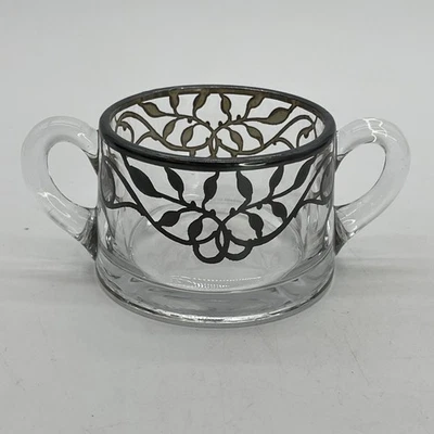 Azúcarero de vidrio de doble mango con superposición Art Deco de vid plateada vintage Foto 1 de 4