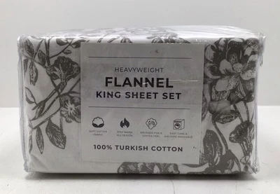 Great Bay Home Printed Flannel Sheet Set 100% Turkish Cotton King Sz Toile Grey - Image 1 of 4