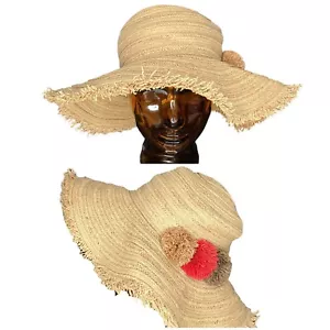 J. Jill One Size Adjustable Tie Pom Pom Straw Beach Floppy Wide Brim Sun Hat - Picture 1 of 6