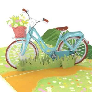 3D POP UP Klappkarte *Fahrrad mit Blumen* Damen-Rad Blumenkorb Glückwunschkarte - Bild 1 von 6