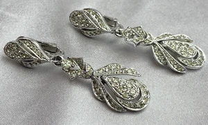 POLCINI Vintage Silver Tone Clip Earrings Rhinestone Dangle - Picture 1 of 11