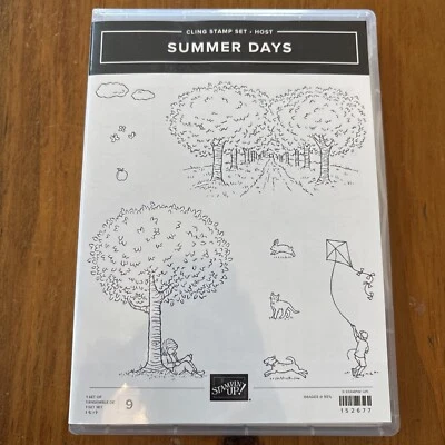 Conjunto de selos Stampin Up Summer Days menina árvore menino pipa pista cachorro gato nuvens NOVO - Imagem 1 de 4