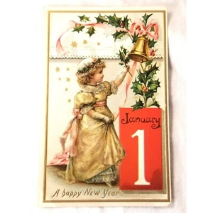 Antique Embossed Post Card Happy New Year Tuck's Post Card Girl Holly Bell - Picture 1 of 7