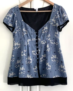 Pretty Blue Shade Floral 100% Silk Button Blouse Cap Sleeves Size 12 by Untold - Picture 1 of 7