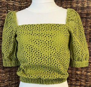 NWOT Everlane The Eyelet Puff Sleeve Top, Moss Green, XS - Picture 1 of 5
