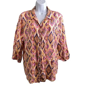 Camisa Boho Chico’s Para Mujer Sin Hierro Lino Groovy Estampado Azteca Con Botones Talla 3 XL - Imagen 1 de 12