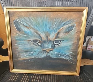 Original Öl auf Karton Gemälde Gesicht der Katze signiert und gerahmt - Bild 1 von 9
