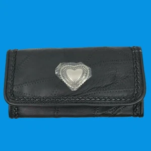 Schwarze Echtleder Damen Geldbörse mit Metall Herz Akzent & geflochtenem Besatz - Bild 1 von 13