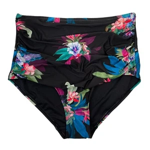 City Chic Size S 16 High Waist Bikini Bottom Frill Ruched Black Tropical Print - Picture 1 of 16