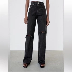 Zara High-Waisted Black Ripped Knee Wide-Leg Jeans Distressed Raw Hem 6 Long - Picture 1 of 5