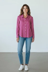 Crown & Ivy Damen Langarm Oberteil Gittermuster Knopfleiste Rosa Weiß Gr. L - Bild 1 von 11