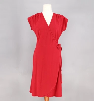 NUEVO CON ETIQUETAS NOOWORKS Vestido Envolvente Manga Gorra Reunida Algodón Elástico Cuello en V Rojo Talla M Foto 1 de 4