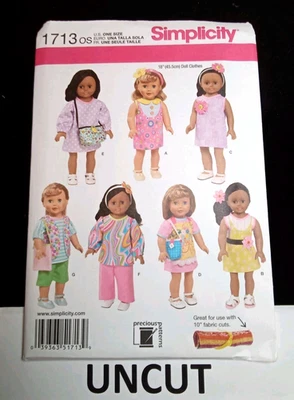 SIMPLICITY UNCUT Pattern 1713 18" Doll Clothes Pants Dress Top Apron Handbag NEW - Image 1 of 4