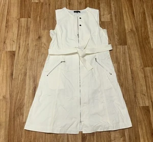 Abito midi smanicato Lafayette 148 bianco zip cintura davanti taglia 12 cotone tasche - Foto 1 di 6