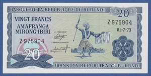 BURUNDI -- 20 FRANCS ( 1.7.1973 ) -- UNC -- PREFIX Z -- PICK 21b . - Picture 1 of 2