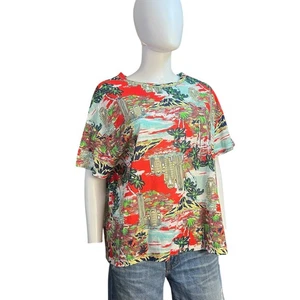 Camiseta Zara Roja Estampado Tropical Ligera Algodón Cuadrado Talla L - Imagen 1 de 5