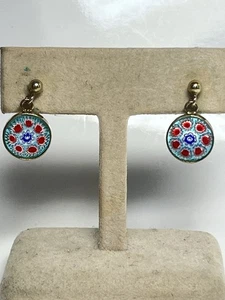 Italian Vermeil on Sterling Silver Millefiori Blue Glass Earrings 4.3g 1 Inch - Picture 1 of 7