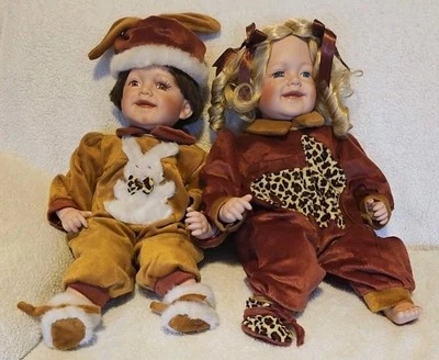 Vtg Ashley Belle Pajama Kids Rare Lot Of 2 Dolls 20"  Porcelain Cloth Siblings  - Image 1 of 4