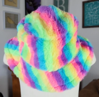 Women Girls Tie Dye Faux Fur Bucket Hat Fuzzy Rainbow Adjustable - Image 1 of 4