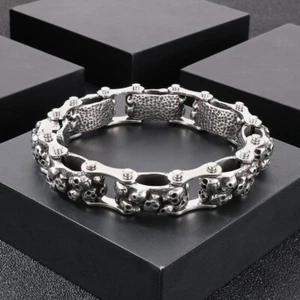 Punk Rock Gothic Harley Biker Men's Trendy Skull Head Titanium Steel Bracelet - Picture 1 of 7
