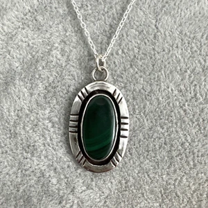 Vintage Malachite Pendant Hand Stamped Sterling Silver 18" Necklace - Picture 1 of 16