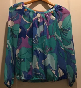 Jennifer Lopez Sheer S Cutout Top Shirt lila blau türkis - Bild 1 von 5