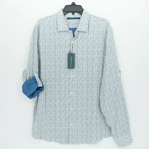 Perry Ellis Men's Shirt L Blue White Geo w/ Sleeve Tabs Wear Untucked NWT $99.50 - Picture 1 of 14