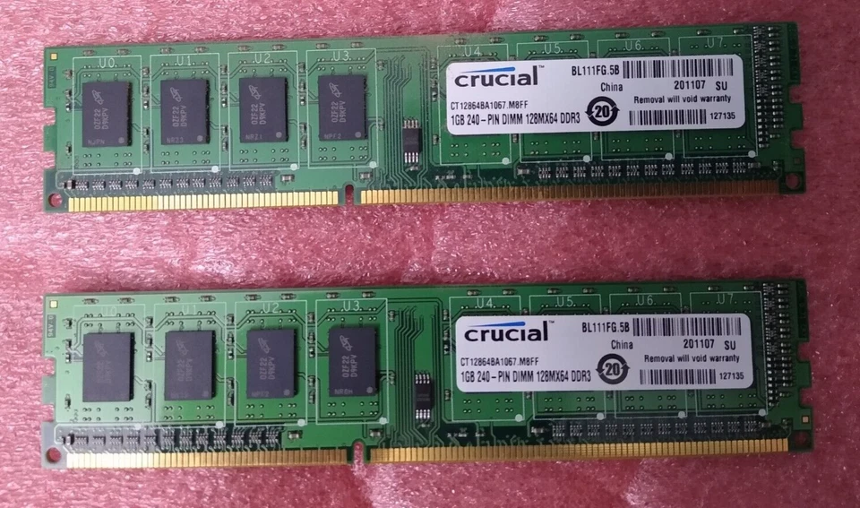 (2) Crucial 1GB 240PIN DIMM DDR3 RAM | CT12864BA1067.M8FF (Used) - Image 1 of 1