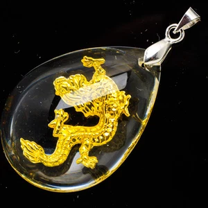 24K Yellow Gold .999 Teardrop 12 Chinese Zodiac Dragon Crystal Pendant 1 1/2" - Picture 1 of 2