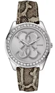 Guess Serpent Print Leather Band Silver Tone Gem-Set Bezel Ladies Watch U0208L8 - Picture 1 of 2