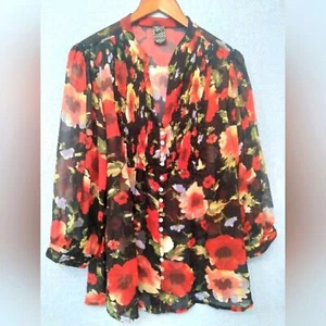Floral Sheer Blouse Long Sleeve Button Down Top Bohemian Style - Picture 1 of 3