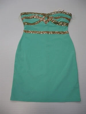 Nuevo Vestido ceñido al cuerpo con lentejuelas turquesa/doradas sin tirantes talla L RED CLOVER para mujer Foto 1 de 4
