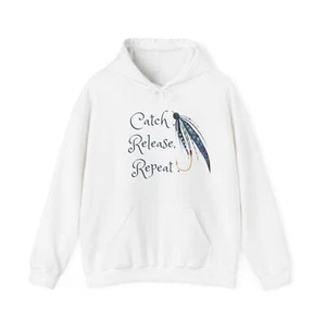 Catch Release Repeat Fly Fishing White Hoodie, Sz Sm-5X, Handmade design - Picture 1 of 5