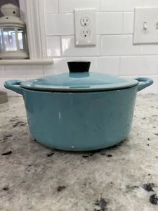 Vtg 50’s Prizer Ware Enamelware Turquoise Blue Cast Iron Covered Pot - Picture 1 of 6