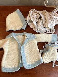 Vintage knit  Doll Sweater Set Cardigan Bonnet Booties