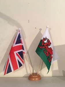 UNION JACK AND WALES TWIN TABLE FLAG SET with WOODEN BASE 9"X6" FLAGS - Picture 1 of 1