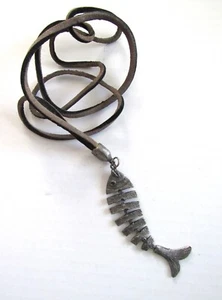 Articulated Metal Fish Hanging from a Leather Cord Necklace Vintage - Picture 1 of 4