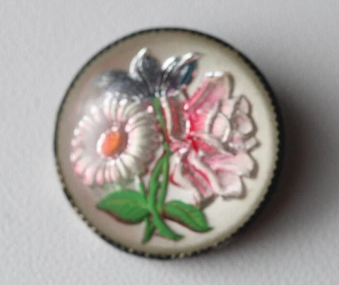 Antique Vintage Pink Rose & Daisy Intaglio Glass Button 3/4" Cover