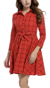 Zeagoo Damen 3/4 Ärmel kariert Gürtel Freizeit Schwimmen Shirt Kleid Small rot - Bild 1 von 7