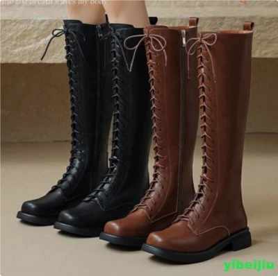 Mujeres Cuero Real Botas de Combate Hasta la Rodilla Montar Militar Con Cordones Zapatos Planos 6 Foto 1 de 4