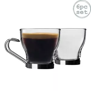 6x Oslo Glass Espresso Cups Tempered Coffee Mugs Stainless Steel Handle 100ml - Picture 1 of 6