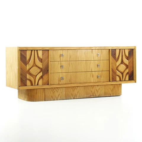 Canadian Brutalist Mid Century Oak Lowboy Dresser Cover