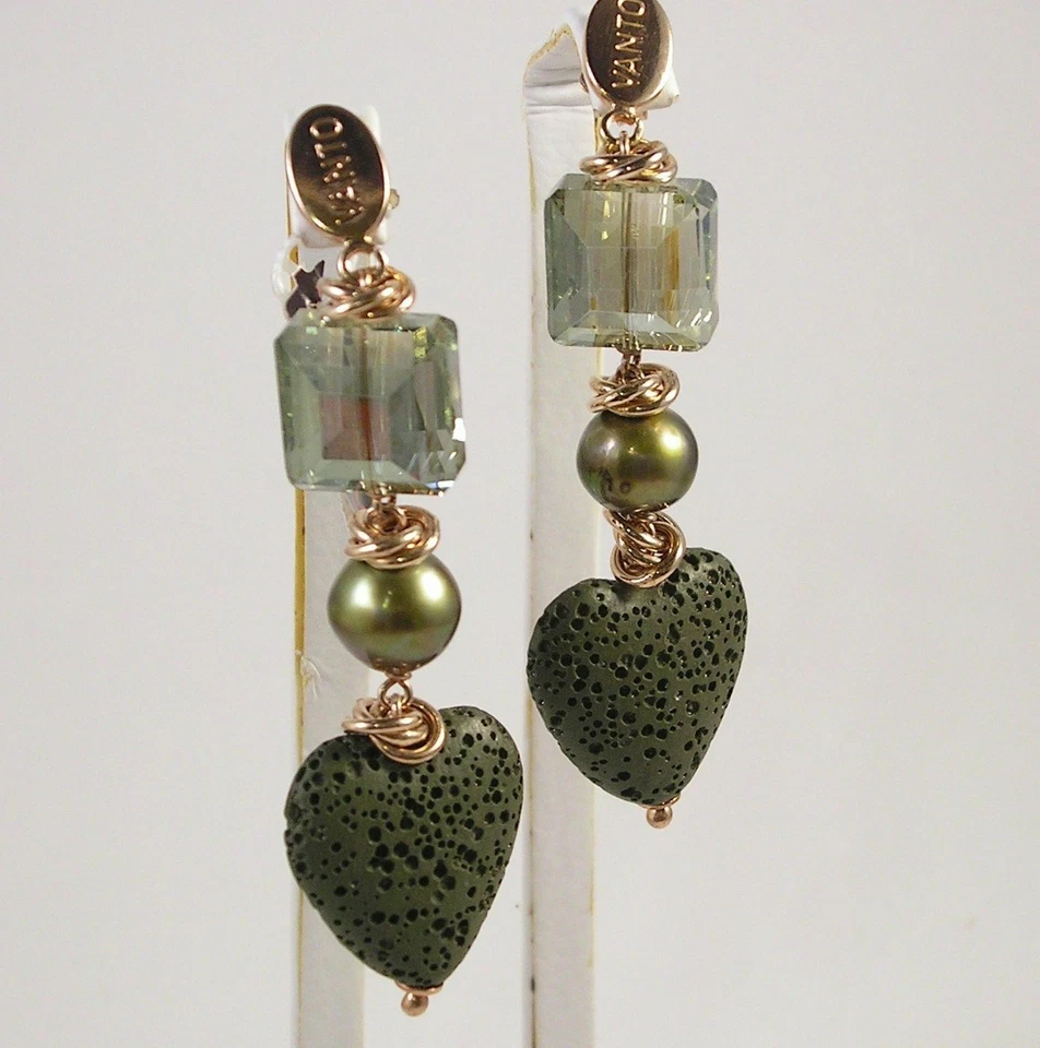 Orecchini pendenti argento 925 rosè cristalli e perle verdi Vanto gioielli - Immagine 1 di 1