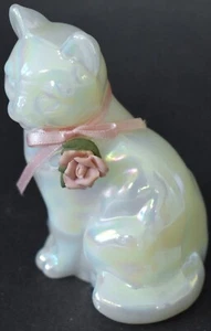 Fenton Glass "Pearly Sentiments" Cat White Opaline Kitten Pink Rose Iridescent - Picture 1 of 6