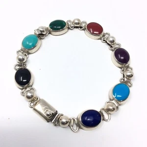 Mexico 925 Sterling Link Bracelet 7 Multicolored Cabochons Stones - Picture 1 of 3