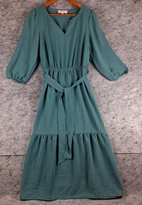 Lucky Brand Mujer Vestido M Verde Azulado Manga 3/4 Cintura Cinturón Campesino Bohemio Maxi Foto 1 de 4