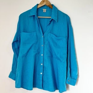 Magaschoni Turquoise Blue Button Up Shirt 100% Linen Boxy Women’s XS - Picture 1 of 9